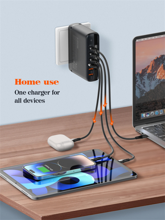 Incarcator Retea 140W GaN LINDO A6140C, Incarcare rapida, 3xUSB-A, 3XUSB-C, Compatibil EU/UK/US QC5.0 PPS PD pentru, MacBook, iPad, iPhone 16 15 [2]