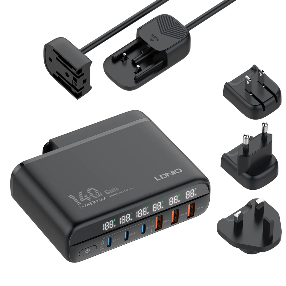 Incarcator Retea 140W GaN LINDO A6140C, Incarcare rapida, 3xUSB-A, 3XUSB-C, Compatibil EU/UK/US QC5.0 PPS PD pentru, MacBook, iPad, iPhone 16 15 [6]