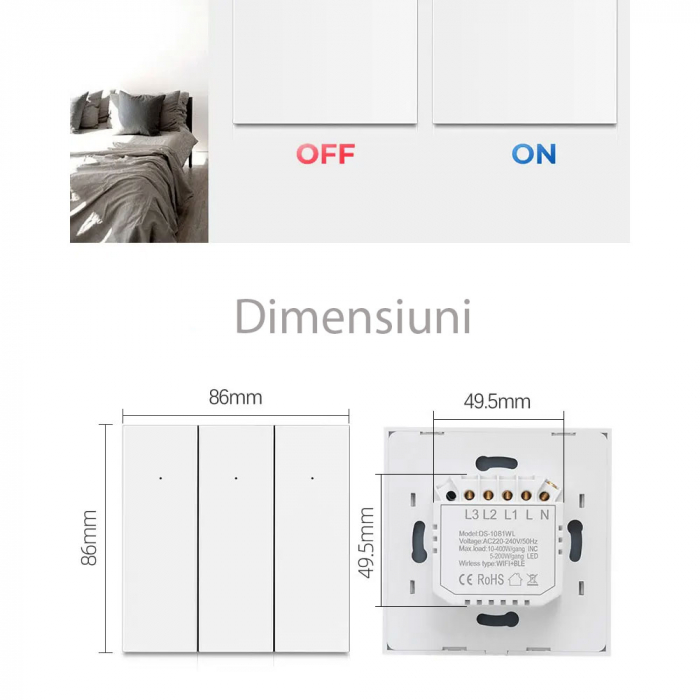 Intrerupator Smart Rovo 1081WL, 1 canal, Wifi si Bluetooth, Tuya, Life Smart, Alexa si Google Assistant, fara nul [4]