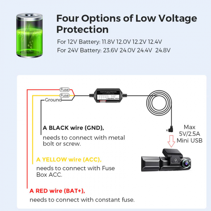 Kit cablu alimentare si monitorizare miscare pentru AZDOME JYX02, 12/24V To 5V/2.5A Mini USB [3]