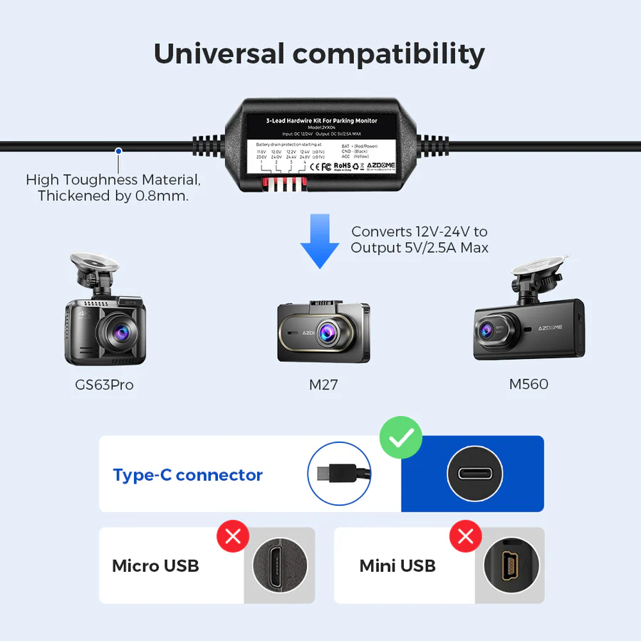Kit cablu alimentare si monitorizare miscare pentru AZDOME JYX05, 12/24V To 5V/2.5A USB-C [3]