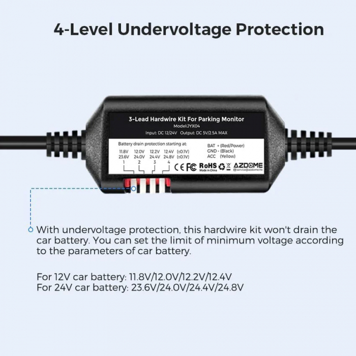 Kit cablu alimentare si monitorizare miscare pentru AZDOME JYX04 pentru modele M300 & M300S, 12/24V To 5V/3A, Micro USB [5]