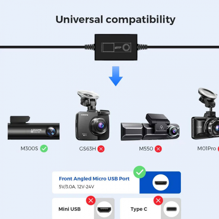 Kit cablu alimentare si monitorizare miscare pentru AZDOME JYX04 pentru modele M300 & M300S, 12/24V To 5V/3A, Micro USB [2]