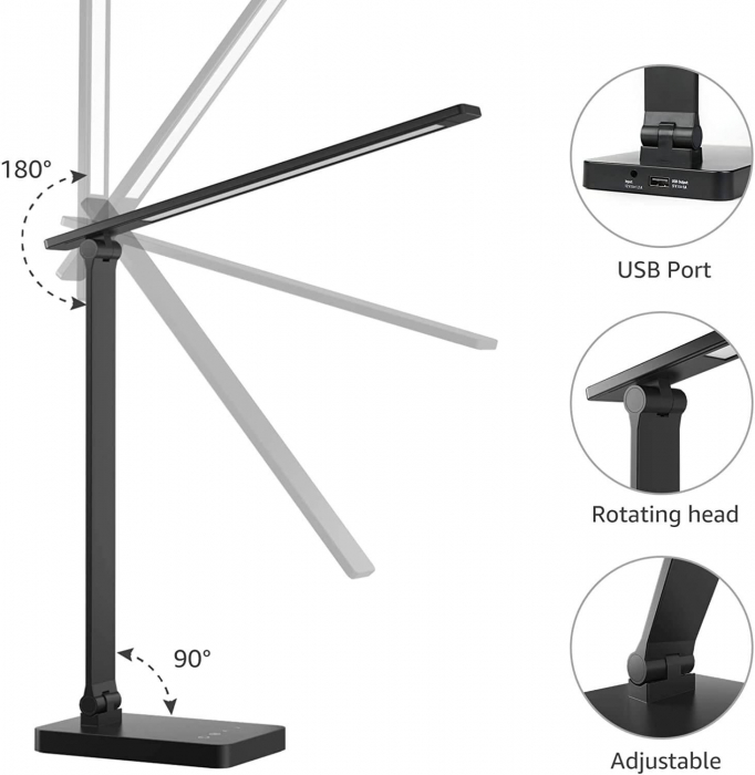 Lampa de birou LED Lepro PR310004 control Touch, 3 moduri, 15W, 655 Lumeni, USB, Negru [7]