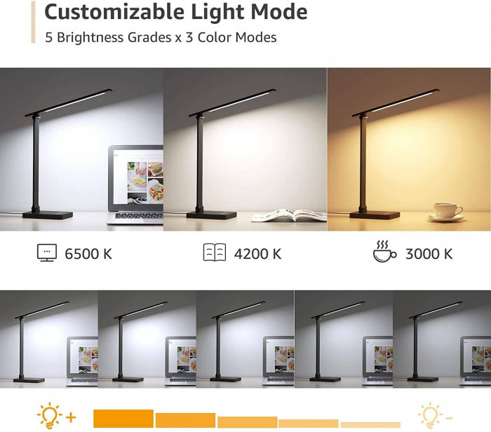 Lampa de birou LED Lepro PR310004 control Touch, 3 moduri, 15W, 655 Lumeni, USB, Negru [5]