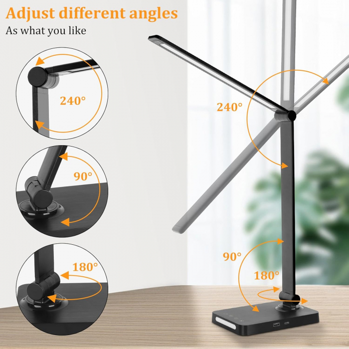 Lampa de birou LED Rovo 5502P, lumina veghe, 5 moduri de lumina, 4 intensitati, 6W, control Touch, USB [4]