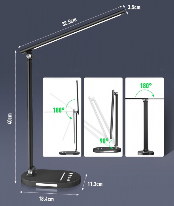 Lampa de birou LED Rovo 5503, lumina veghe, 5 moduri de lumina, 4 intensitati, 6W, control Touch, USB [4]