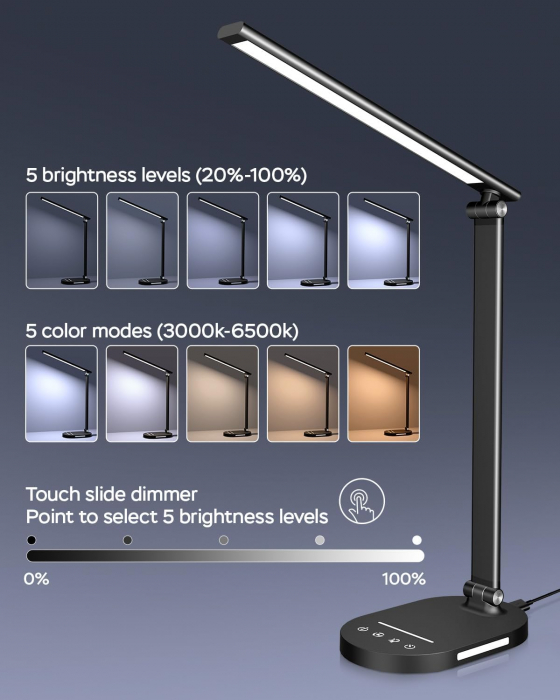 Lampa de birou LED Rovo 5503, lumina veghe, 5 moduri de lumina, 4 intensitati, 6W, control Touch, USB [2]