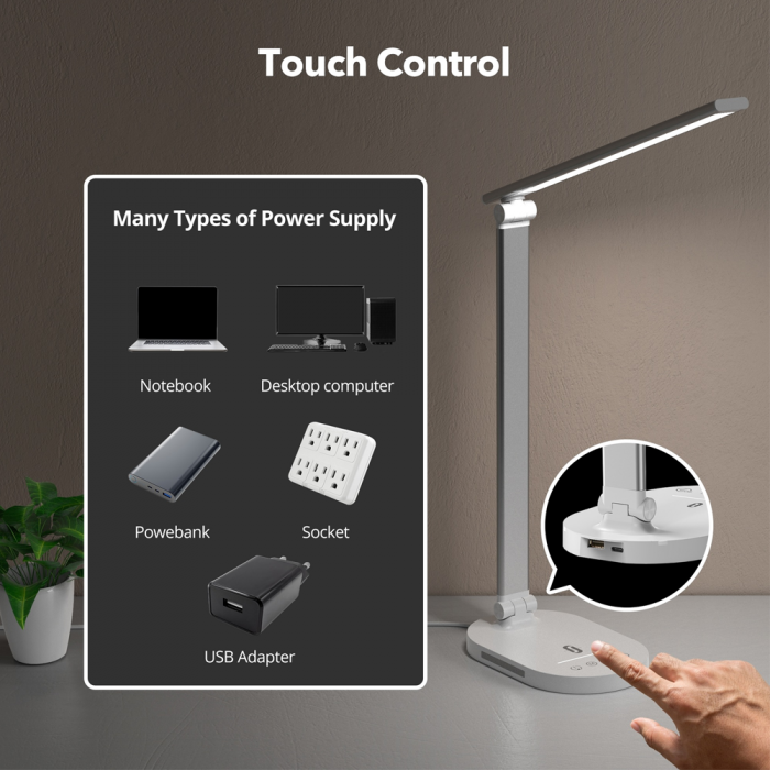 Lampa de birou LED TaoTronics TT-DL1012, lumina veghe, control touch, 5 moduri, 5 niveluri de luminozitate, Incarcare USB, 10W [4]