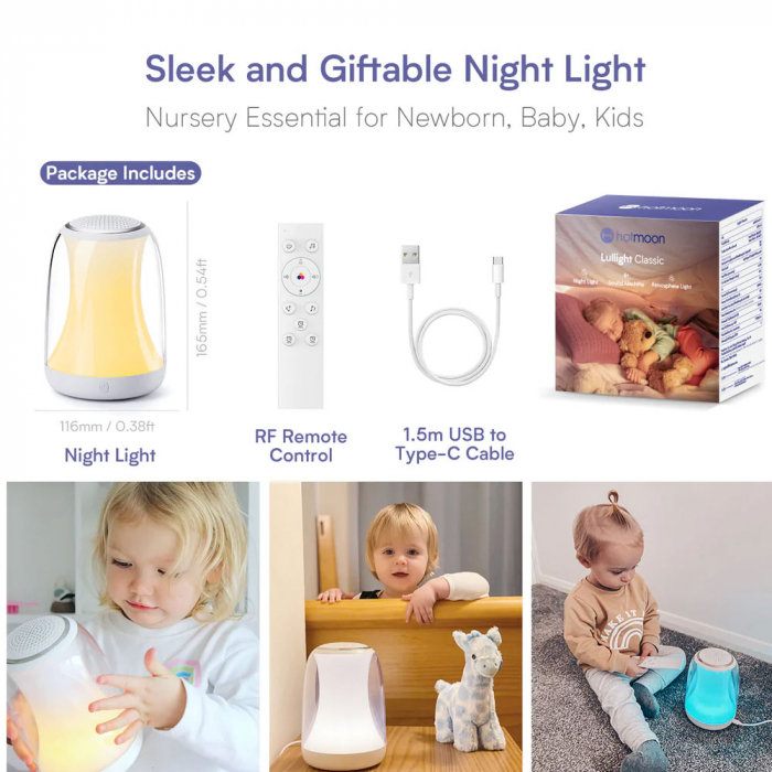 Lampa de veghe 2 in1 Hotmoon, RGB-W, Luminozitate reglabila, Control Touch, Telecomanda, Muzica, White Noise, USB-C [6]
