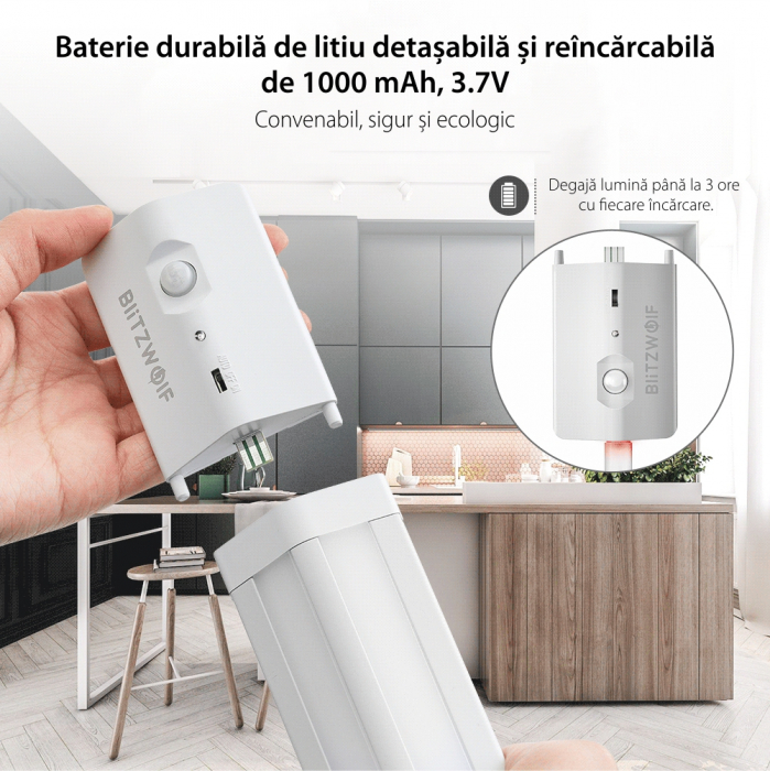 Lampa LED BlitzWolf BW-LT8 ,85 Lumeni, Senzor de miscare, Acumulator 1000 mAh [6]