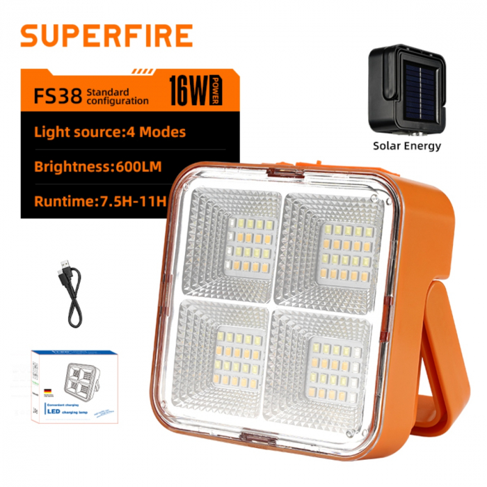 Lampa LED cu panou solar Superfire FS38, Pentru Camping, 600 lm, incarcare USB, 4 moduri, prindere magnetica [8]