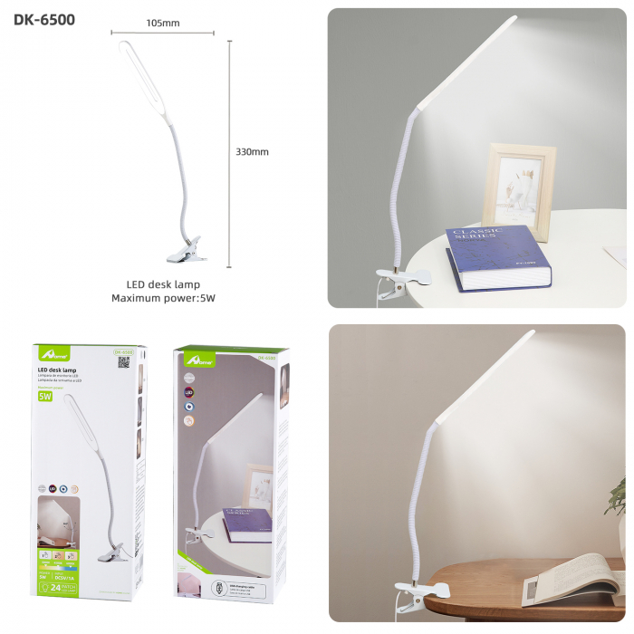 Lampa LED Home DK-6500, cu clema de prindere, brat flexibil, Alimentare USB, Lumina alba, 5W [5]