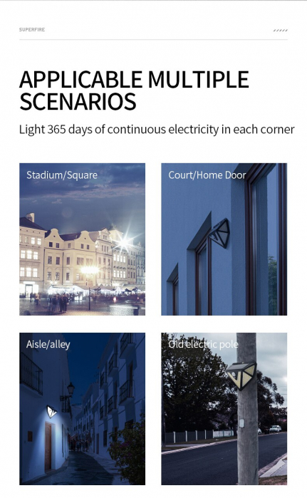 Lampa solara de perete Superfire FF6-B, 33W LED, 166leduri, 3 moduri, 1200mAh, incarcare solara si senzor de miscare [10]