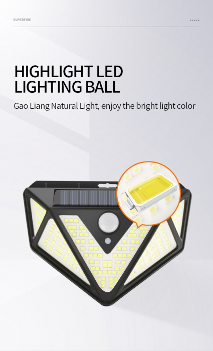 Lampa solara de perete Superfire FF6-B, 33W LED, 166leduri, 3 moduri, 1200mAh, incarcare solara si senzor de miscare [8]