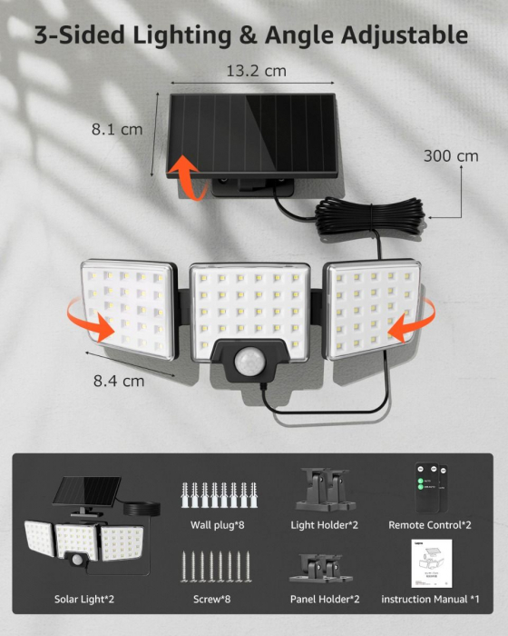 Lampa solara LED de perete Lepro PR640005.  1000lm, LED, Telecomanda, 3 panouri, 2 moduri, senzor de miscare [6]