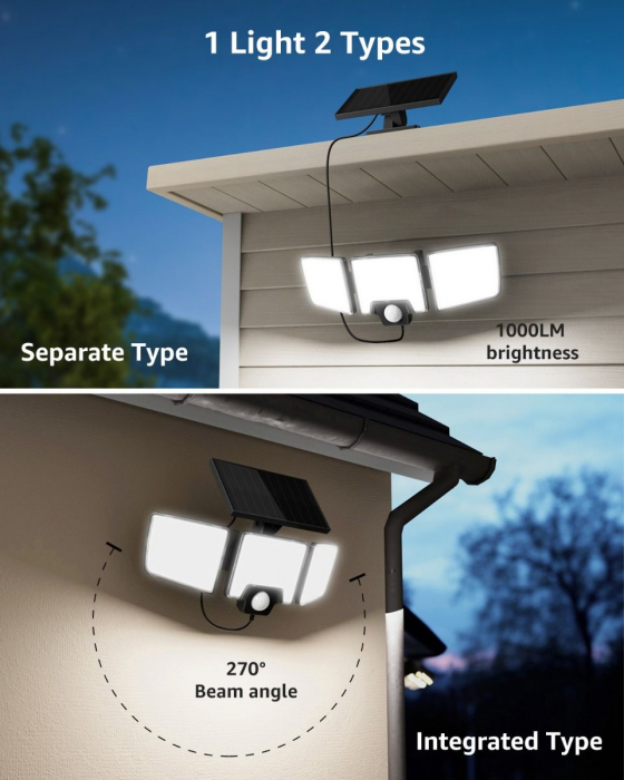 Lampa solara LED de perete Lepro PR640005.  1000lm, LED, Telecomanda, 3 panouri, 2 moduri, senzor de miscare [2]