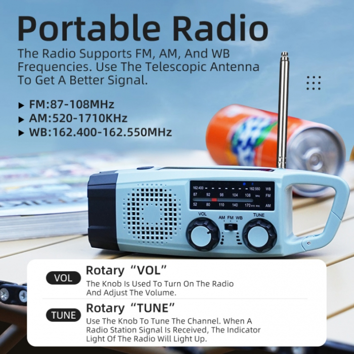 Lanterna LED Multifunctionala cu radio Supfire YJ01, incarcare solara sau manuala (dinam), power bank, 100lm, 2000mAh, incarcare usb-c [3]