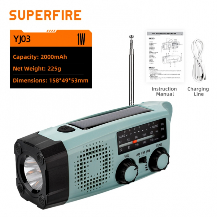 Lanterna LED Multifunctionala cu radio Supfire YJ01, incarcare solara sau manuala (dinam), power bank, 100lm, 2000mAh, incarcare usb-c [1]