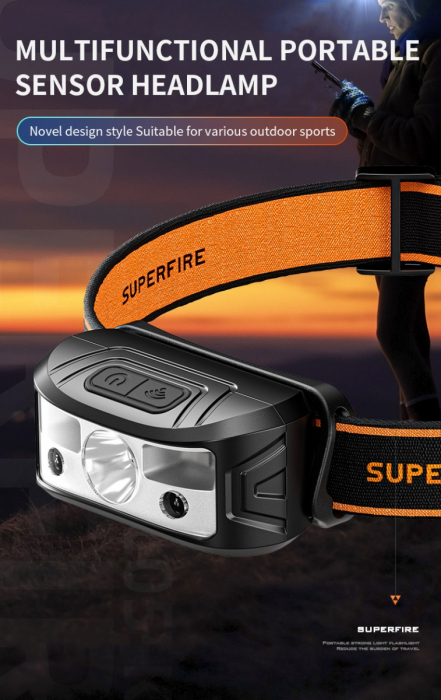 Lanterna LED pentru cap Superfire HL05-K, 120lm, 100m, 500mAh, Lumina rosie, control miscare [2]