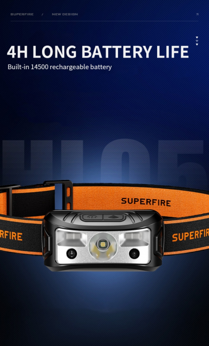 Lanterna LED pentru cap Superfire HL05-K, 120lm, 100m, 500mAh, Lumina rosie, control miscare [10]