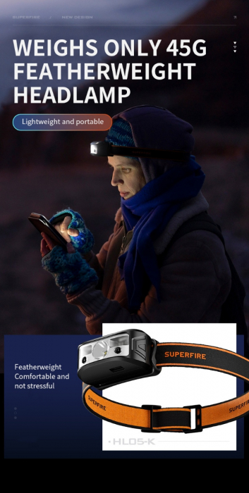 Lanterna LED pentru cap Superfire HL05-K, 120lm, 100m, 500mAh, Lumina rosie, control miscare [3]