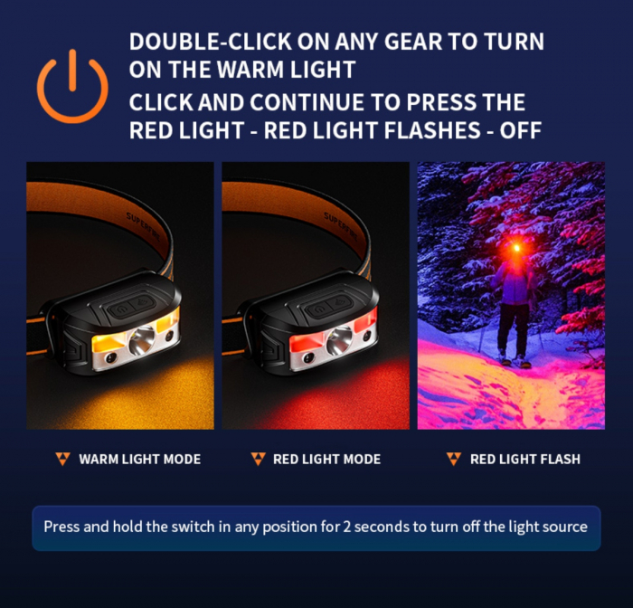 Lanterna LED pentru cap Superfire HL05-K, 120lm, 100m, 500mAh, Lumina rosie, control miscare [6]