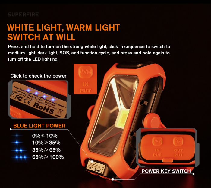 Lanterna LED Superfire GM05,  panou solar, 500 lumeni, acumulator 5200mAh, incarcare, USB-C [4]