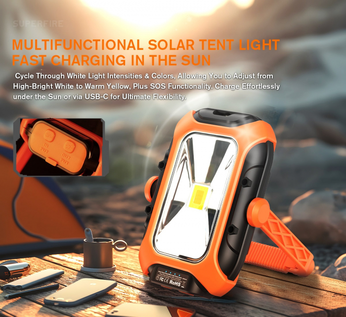Lanterna LED Superfire GM05,  panou solar, 500 lumeni, acumulator 5200mAh, incarcare, USB-C [2]