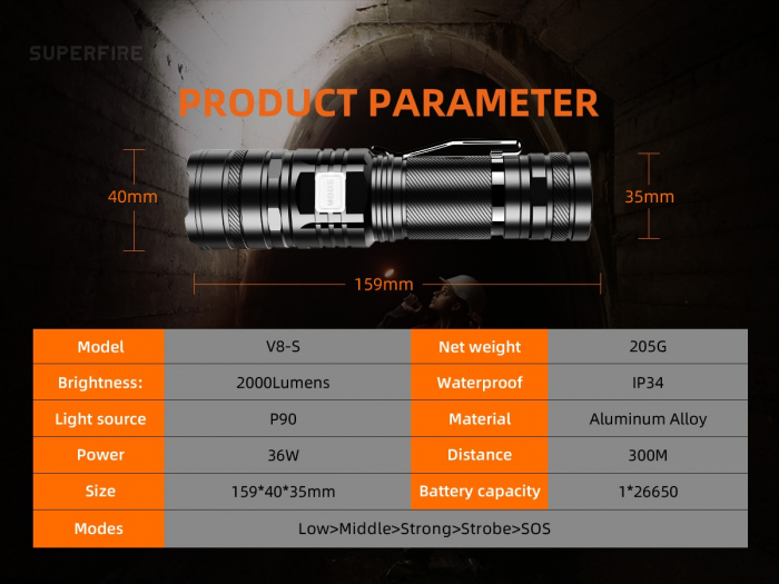 Lanterna LED Superfire V8-S, 2000lm, 300M, 5200mAh, Zoom, incarcare USB-C, 36W [9]
