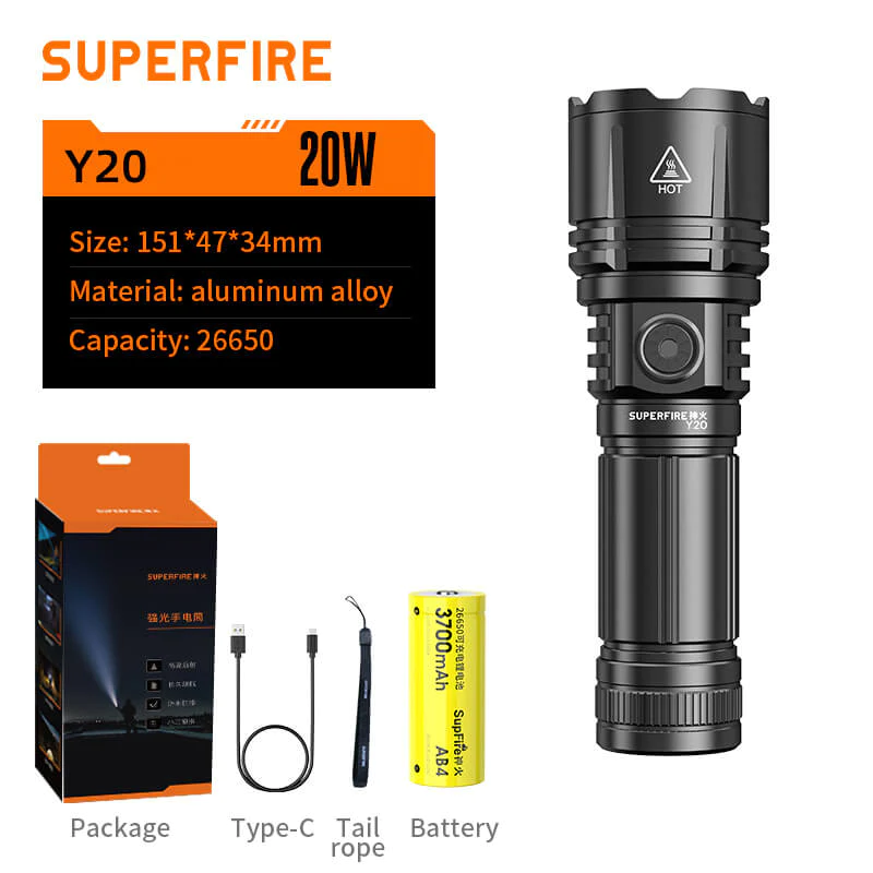 Lanterna LED Superfire Y20, 1200lm, 800M, 3700mAh incarcare USB-C, 20W [2]