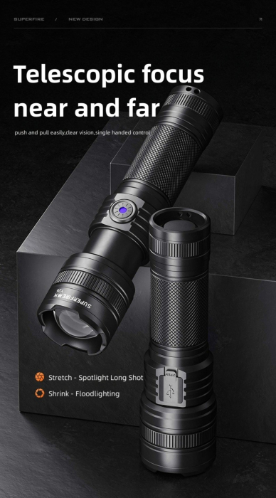 Lanterna LED Superfire Y26, 1200lm, 800M, 3700mAh, incarcare USB-C, 15W [2]