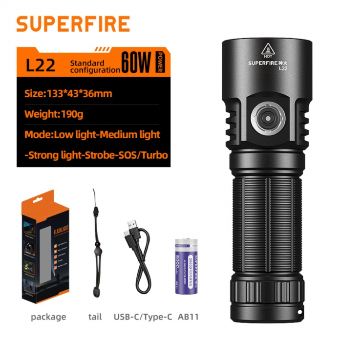 Lanterna LED Superfire L22, 5000lm, 300M, 60W, IP44 [9]