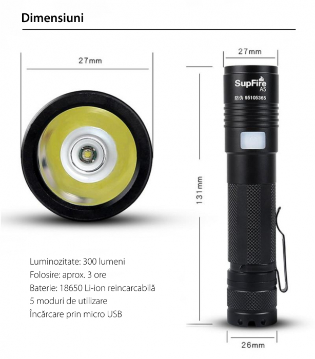 Lanterna LED Supfire A5, 300lm, 200M incarcare USB, Negru [3]