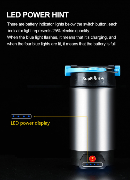 Lanterna LED SupFire T9, Pentru Camping, 800 lm, incarcare USB, PowerBank [9]