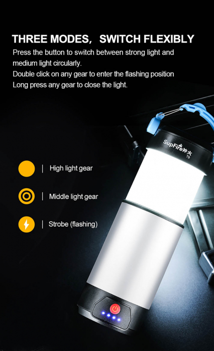 Lanterna LED SupFire T9, Pentru Camping, 800 lm, incarcare USB, PowerBank [6]