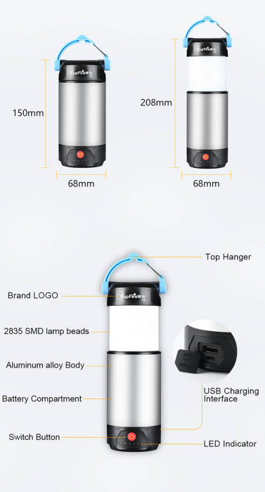 Lanterna LED SupFire T9, Pentru Camping, 800 lm, incarcare USB, PowerBank [7]