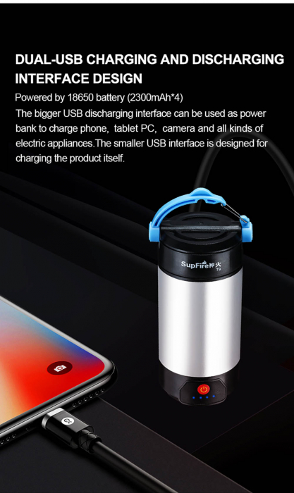 Lanterna LED SupFire T9, Pentru Camping, 800 lm, incarcare USB, PowerBank [11]