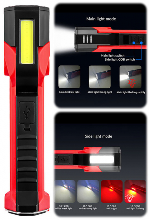 Lanterna Multifunctionala LED Superfire GM06, USB-C, 1500mAh, 355lm, 216m, power bank, lumina rosie, prindere magnetica, IP44 - Rosu [4]