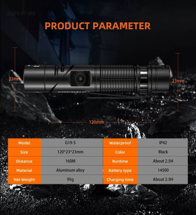 Lanterna Multifunctionala LED Supfire G19-S, USB-C, 360lm, 160m, prindere magnetica [8]