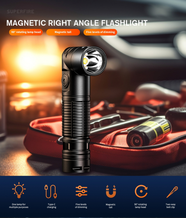 Lanterna Multifunctionala LED Supfire G19-S, USB-C, 360lm, 160m, prindere magnetica [4]
