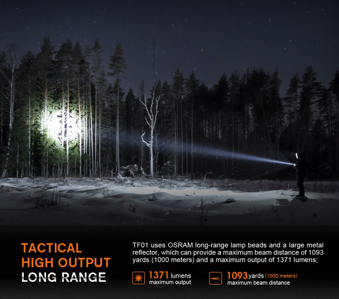 Lanterna tactica LED Godfire TF01 cu fascicul lung pana la 1000m, 1371lm, aliaj aluminiu, 4800mAh, 245g, 5 moduri [8]