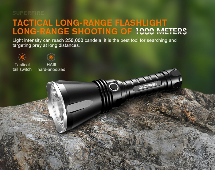 Lanterna tactica LED Godfire TF01 cu fascicul lung pana la 1000m, 1371lm, aliaj aluminiu, 4800mAh, 245g, 5 moduri [5]