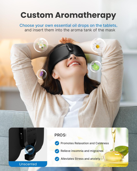 Masca de somn RENPHO EyeSnooze Aroma cu Bluetooth, muzica, aromaterapie si incalzire, confort ochi, pliabila, relaxare ochi, somn odihnitor, negru [8]