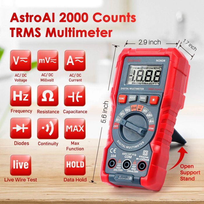 Multimetru digital AstroAI M2K0R, 2000 Counts, True RMS, Masurare continuitate [7]