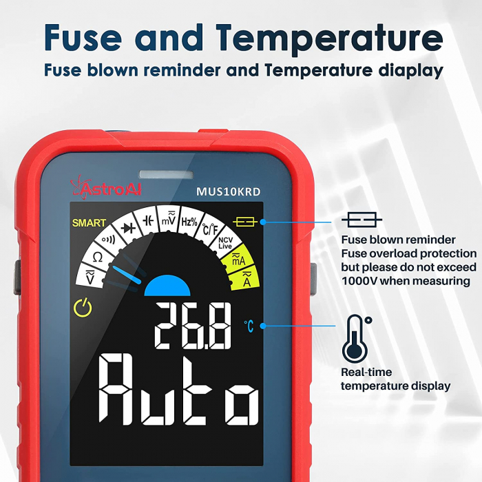 Multimetru digital AstroAI MUS10KRD, 10000 Counts, Smart Auto, TRMS Auto-Ranging, Display Color, Masurare continuitate, Temperatura,  Geanta transport [8]