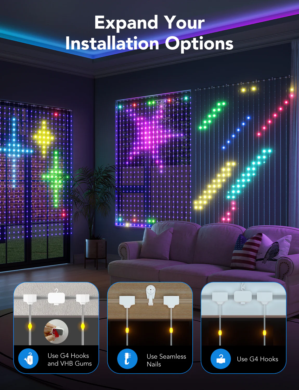 Perdea cu lumini LED Smart Govee H70B1 Curtain Lights, RGBIC, 520 LED-uri, IP65, 1.5m [5]