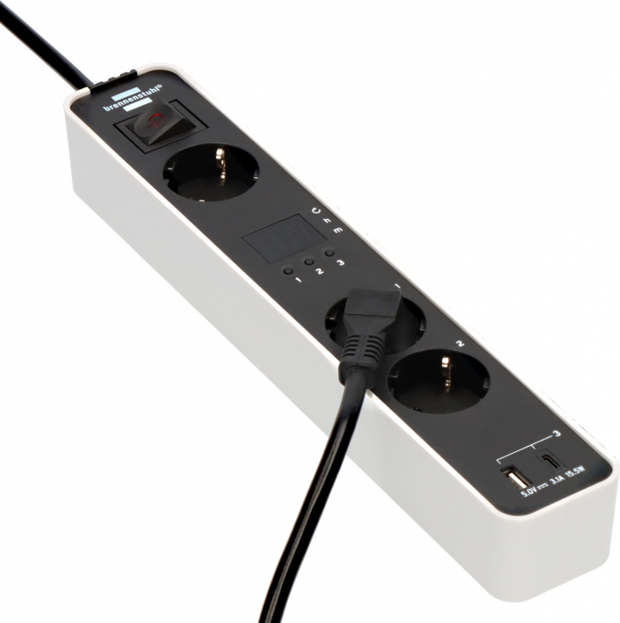 Prelungitor Brennenstuhl Ecolor 3 prize, countdown, 1x USB A, 1x USB C, Buton On/Off 1,5m H05VVF 3G1,5, alb/negru [4]