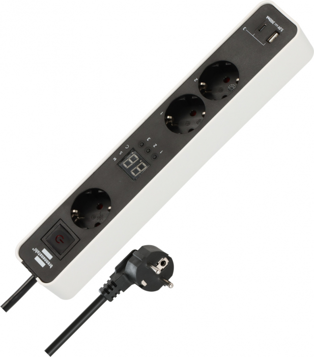 Prelungitor Brennenstuhl Ecolor 3 prize, countdown, 1x USB A, 1x USB C, Buton On/Off 1,5m H05VVF 3G1,5, alb/negru [1]