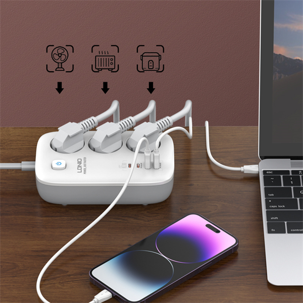 Prelungitor LDNIO SE3436, 3 prize, 2 X USB-A, 2X USB-C, 65W, 2m [4]